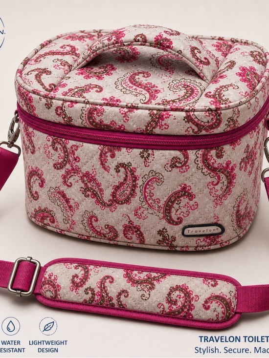 Travelon Accessories - Travelon Pink and Brown Paisley Travel Toiletries Bag with Padded Shoulder Strap